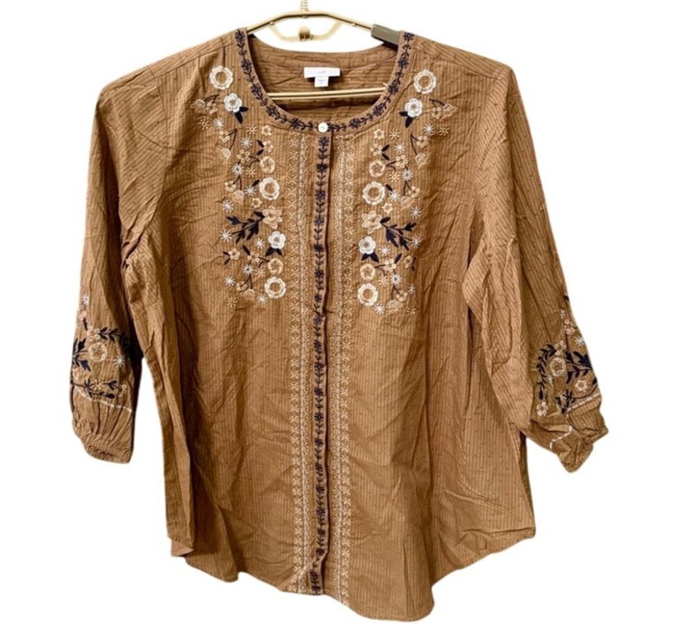 J. Jill Top Women SZ XL Brown Cotton Floral Embroidered Dobby Stripe Boho Blouse